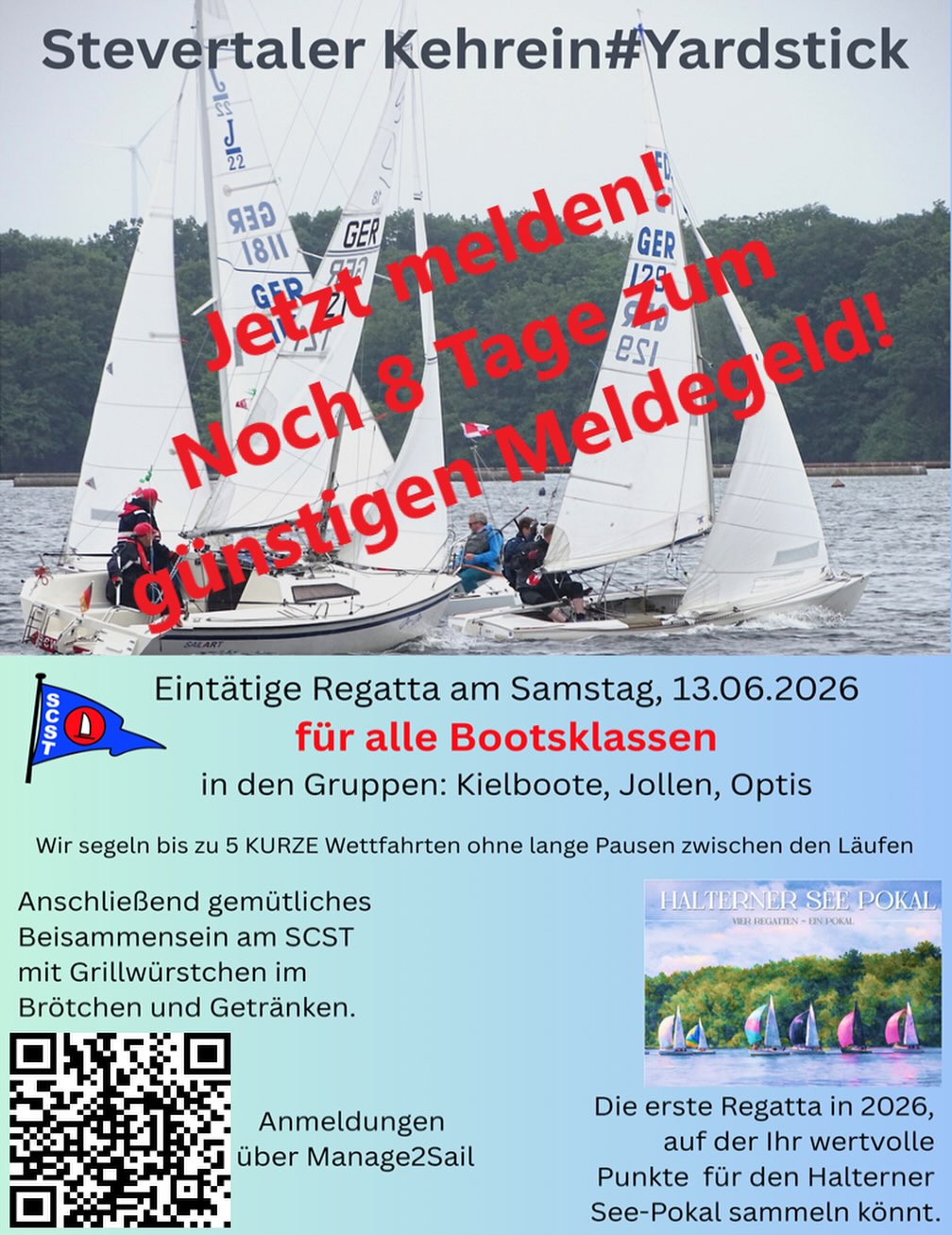 Yardstick Regatta für alle Klassen!
Wenn ihr bis Sonntag, 07.06.2026 meldet kommt Ihr noch in den Genuss des günstigeren Meldegeldes. Also jetzt melden, damit Ihr es nicht vergesst!  #segeln #haltern #halternersee #regatta #yardstick